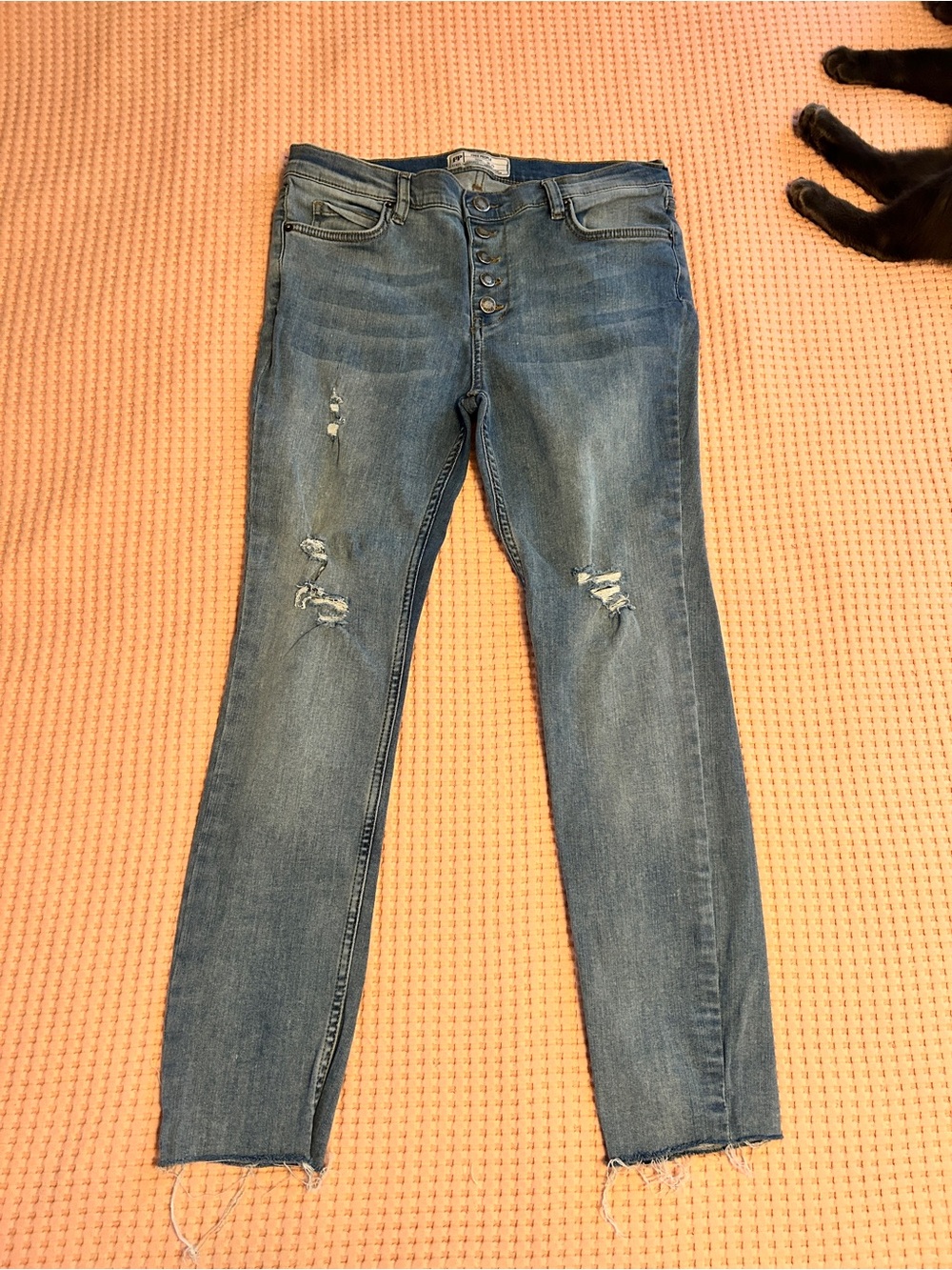 Free People Mid-Blue Button Fly Distressed High-Rise Skinny Jeans